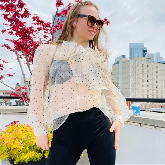 Transparent Polka Dot Puff Sleeve Shirt Bishop Statement Sleeves Neck Bow - Picture 10 of 16